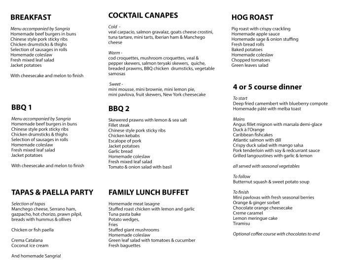 Example villa catering menus