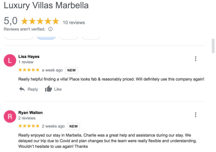 Luxury Villas Marbella google reviews